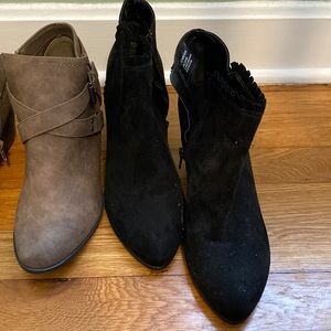 2 pairs of booties. Never worn. Black are size 8.5. Brown size 9.